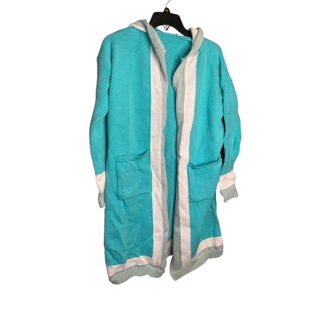 Womens Hooded‎ Long Knit Cardigan Open Front Colorblock Teal Womens Size L NWT